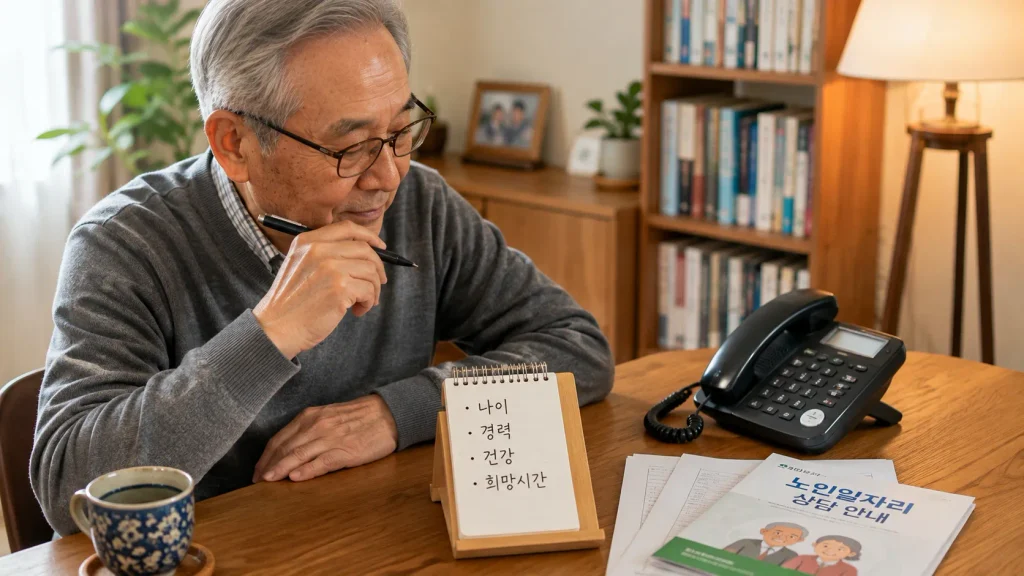 노인일자리 상담창구에서 참여연령과 모집조건을 확인하는 시니어