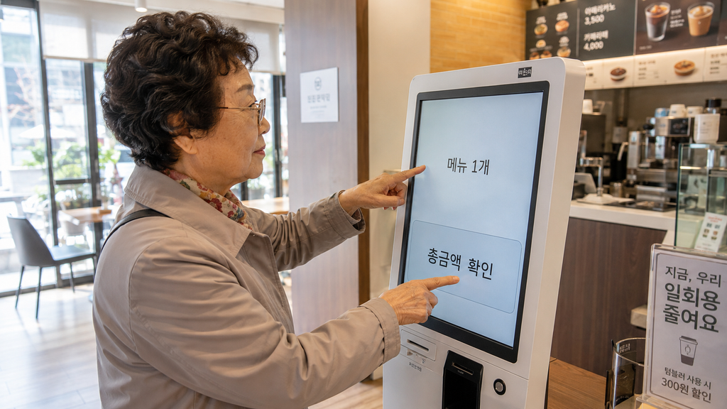 키오스크 결제 전 주문내용을 확인하는 시니어