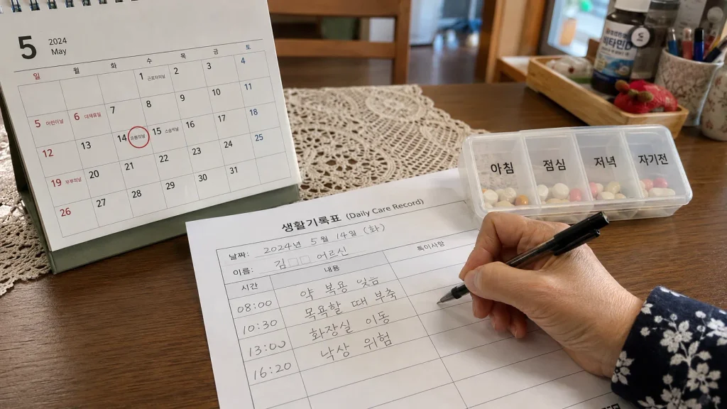 장기요양 방문조사 전 일주일 생활기록을 작성하는 가족