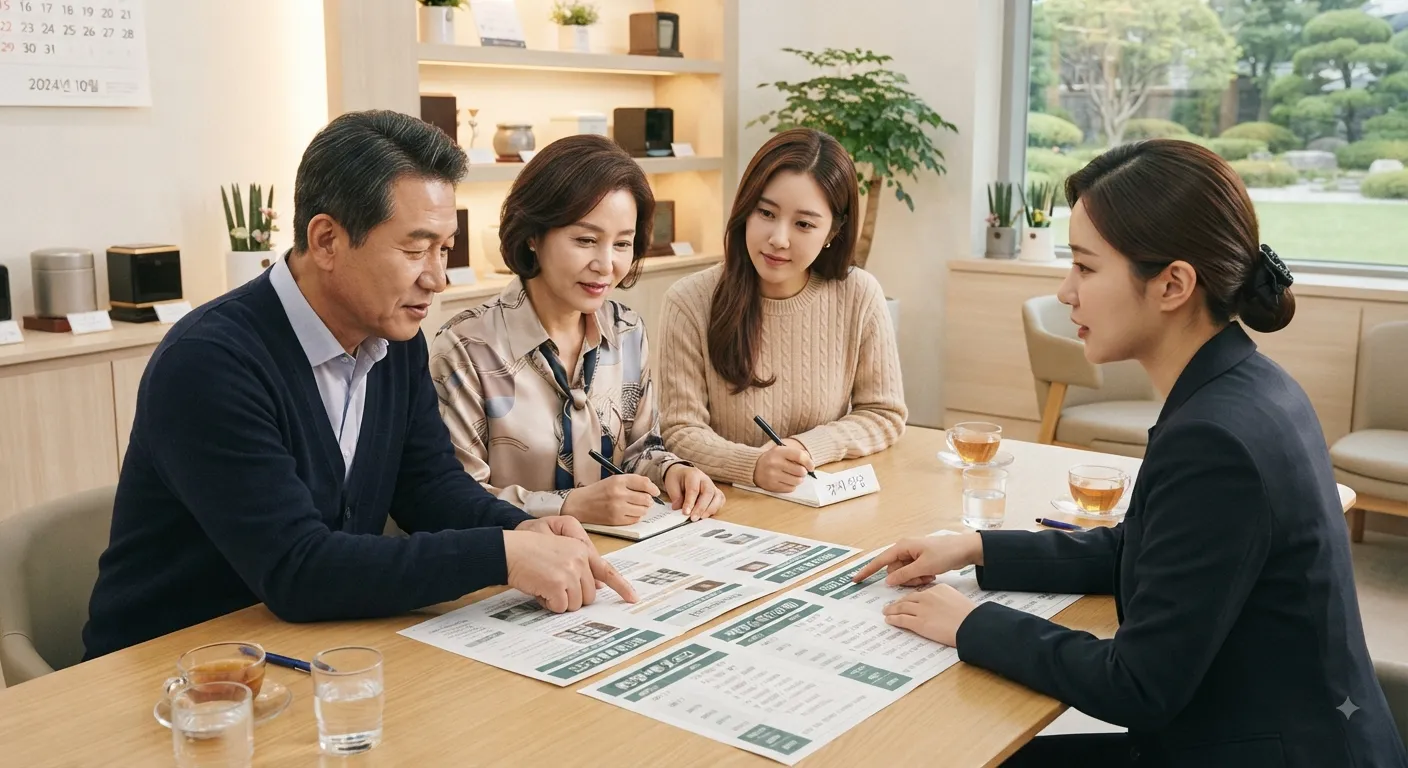 무빈소 장례 준비 방법과 가족 장례 일정을 상의하는 시니어 가족