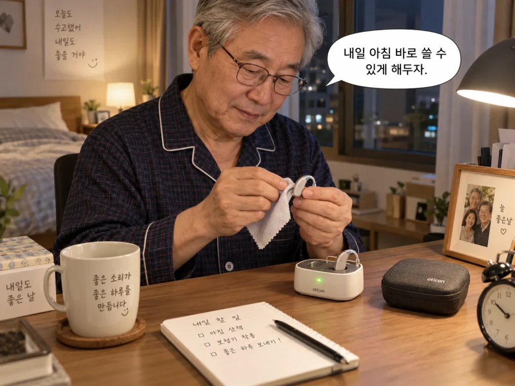 보청기를 저녁에 닦고 충전기에 보관하는 시니어