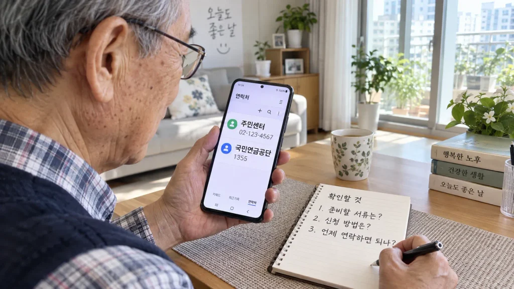 스마트폰으로 주민센터와 국민연금공단 연락처를 확인하며 상담 내용을 메모하는 시니어 남성
