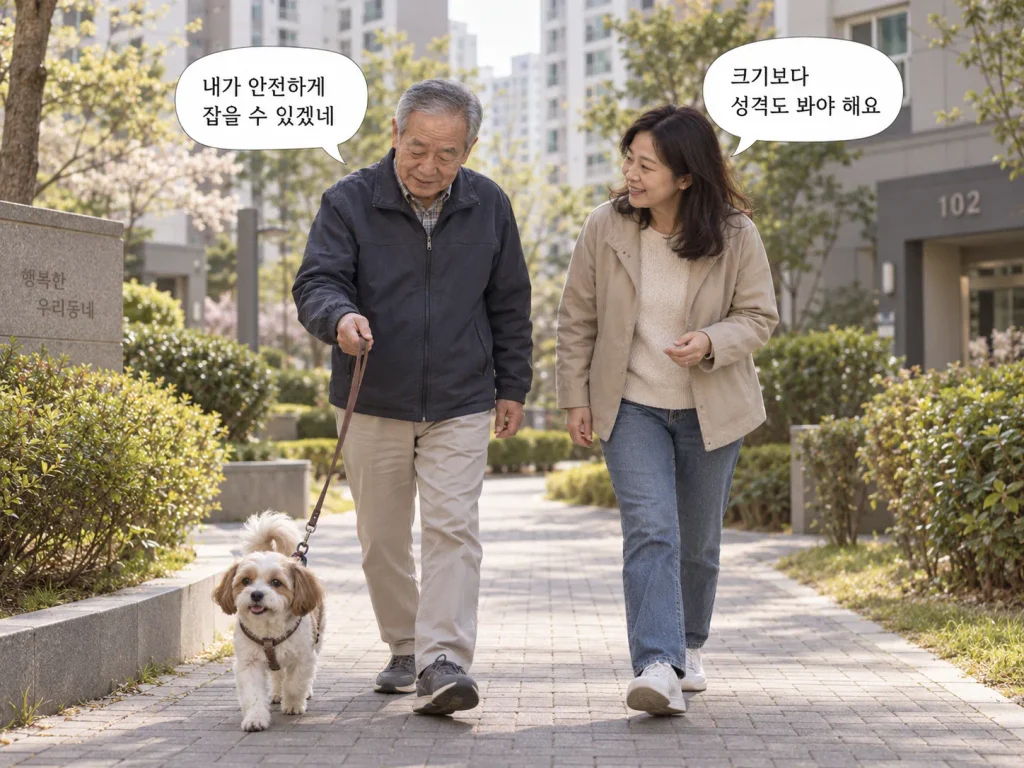 가족과 함께 반려견 산책을 경험하며 걸음과 안전을 확인하는 고령자