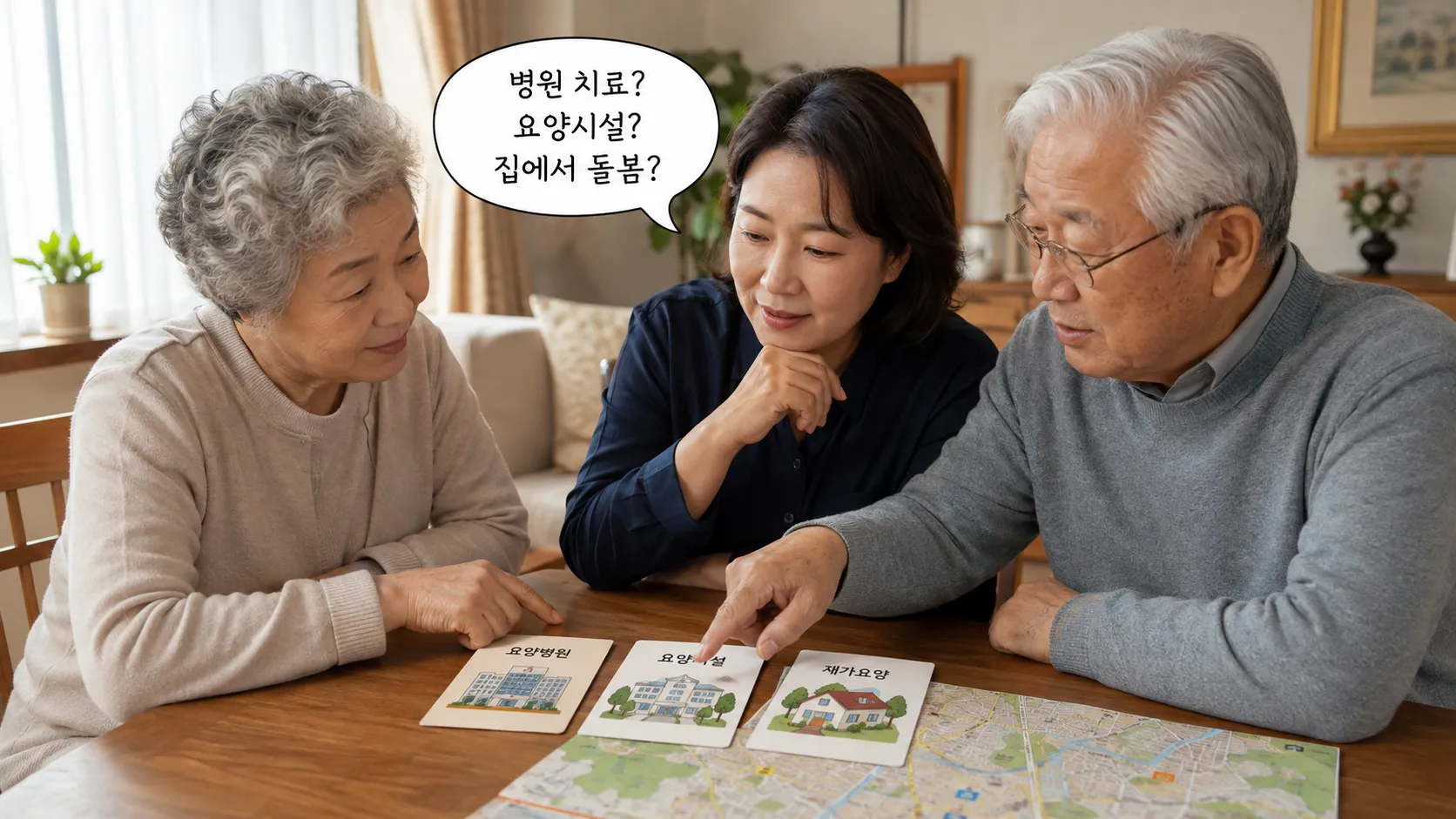 고령 부모님의 요양병원 치료와 향후 돌봄계획을 의논하는 모습