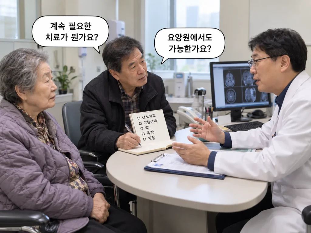 요양병원 상담실에서 보호자가 의료진에게 부모님의 치료계획과 전원 준비사항을 확인하는 모습