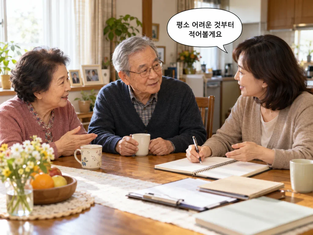 노부부가 보호자와 함께 장기요양보험 재가서비스 안내자료를 살펴보는 모습