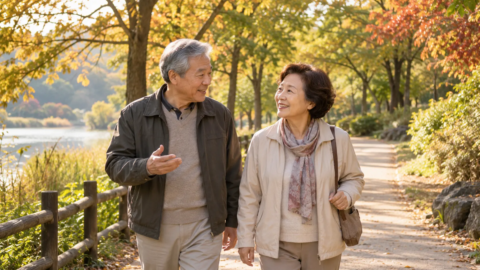 공원을 함께 산책하며 노후의 삶을 이야기하는 60대 부부
