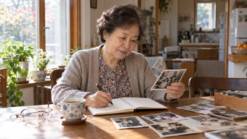 오래된 사진을 보며 앞으로의 꿈을 노트에 적는 70대 여성