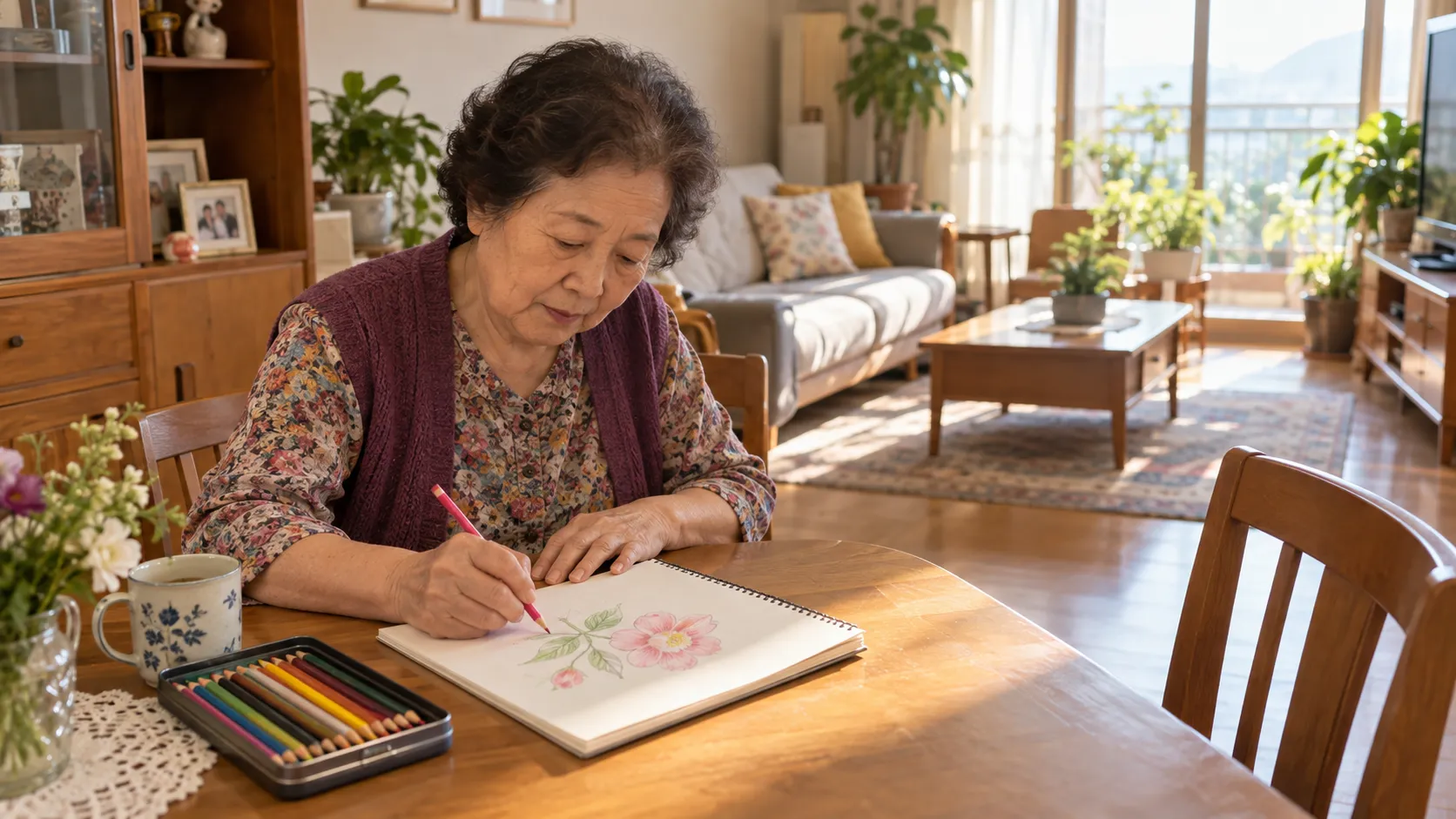 70대 여성이 집에서 색연필로 꽃 그림을 그리며 새로운 취미를 배우는 모습
